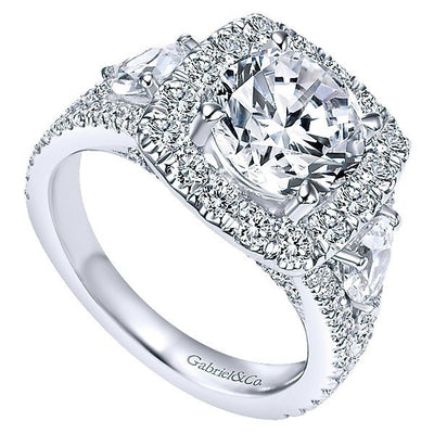 DIAMOND ENGAGEMENT RINGS - 18K White Gold Split Shank Halo Diamond Engagement Ring With Pear Shaped Sides