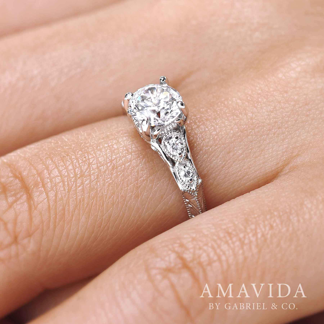 DIAMOND ENGAGEMENT RINGS - 18K White Gold Vintage Inspired Amavida Diamond Engagement Ring
