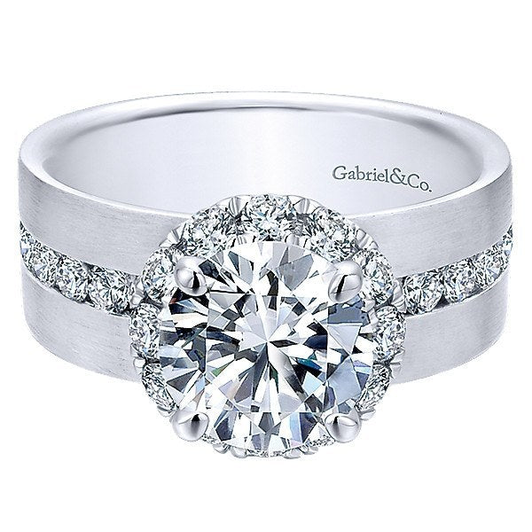 DIAMOND ENGAGEMENT RINGS - 18K White Gold Wide Brushed Channel Set Diamond Engagement Ring