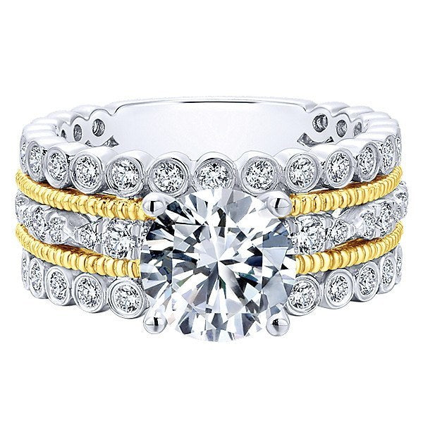 DIAMOND ENGAGEMENT RINGS - 18K Yellow And White Gold Stacked Vintage Style Diamond Engagement Ring