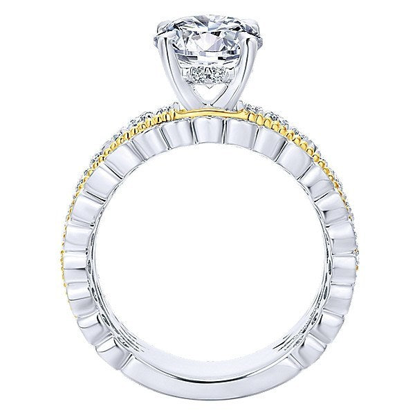 DIAMOND ENGAGEMENT RINGS - 18K Yellow And White Gold Stacked Vintage Style Diamond Engagement Ring