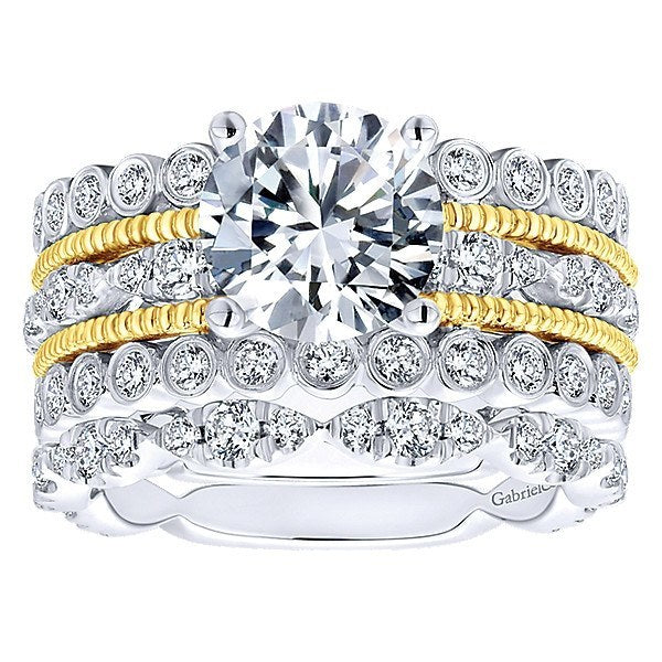 DIAMOND ENGAGEMENT RINGS - 18K Yellow And White Gold Stacked Vintage Style Diamond Engagement Ring