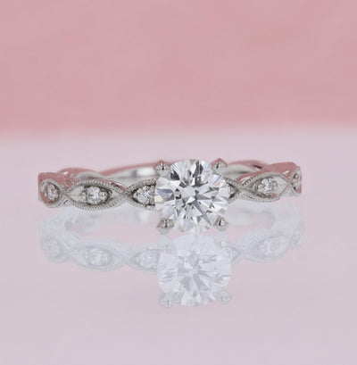 DIAMOND ENGAGEMENT RINGS - Sarah - Vintage Inspired 7/8cttw Round Diamond Engagement Ring With Hand Engraving