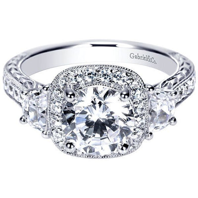 DIAMOND ENGAGEMENT RINGS - Vintage Halo 3-Stone Plus 2.35cttw Diamond Engagement Ring With Trapezoid Side Diamond