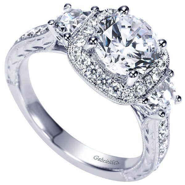 DIAMOND ENGAGEMENT RINGS - Vintage Halo 3-Stone Plus 2.35cttw Diamond Engagement Ring With Trapezoid Side Diamond