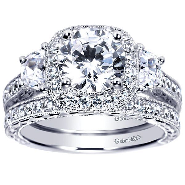 DIAMOND ENGAGEMENT RINGS - Vintage Halo 3-Stone Plus 2.35cttw Diamond Engagement Ring With Trapezoid Side Diamond