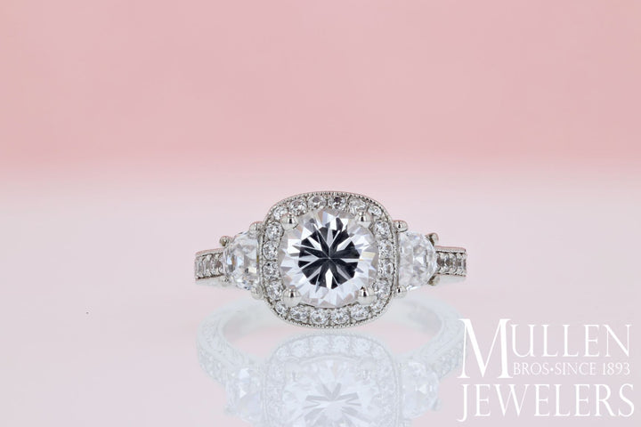 DIAMOND ENGAGEMENT RINGS - Vintage Halo 3-Stone Plus 2.35cttw Diamond Engagement Ring With Trapezoid Side Diamond
