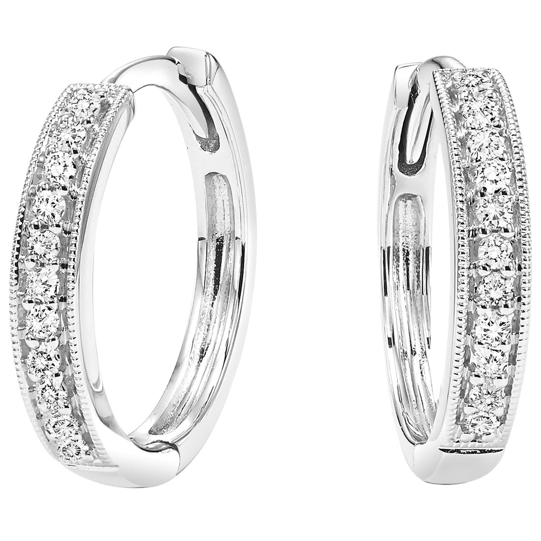 Bead Set Diamond Huggie Earrings 10K White Gold
