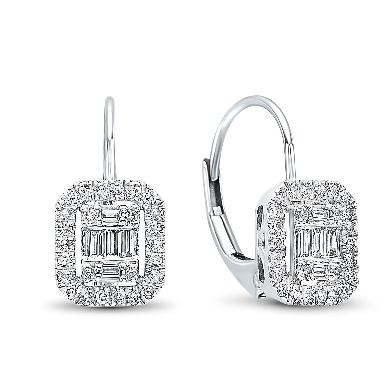 Baguette Diamond Cluster Leverback Earrings 1/2 Cttw 14K Gold