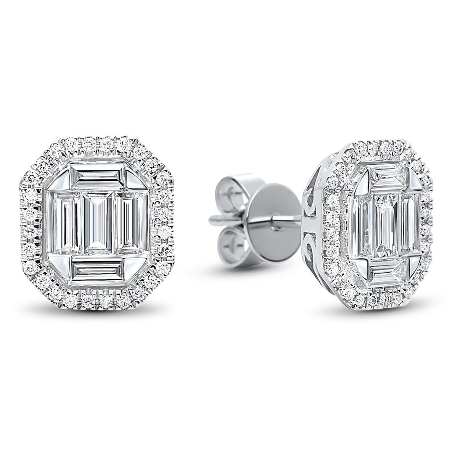 DIAMOND JEWELRY - 14K White Gold 3/4cttw Baguette Halo Diamond Stud Earrings