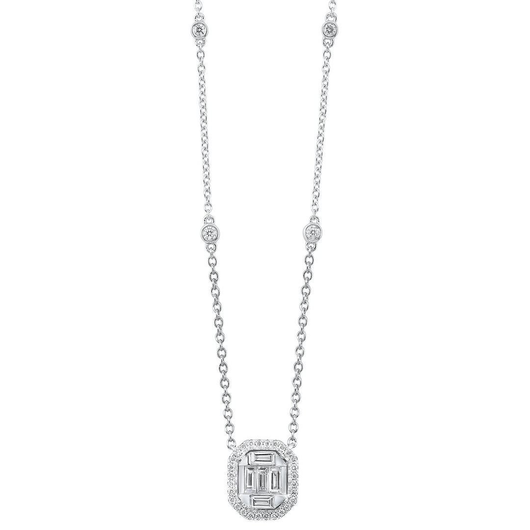 DIAMOND JEWELRY - 14K White Gold Baguette Halo Diamond Necklace
