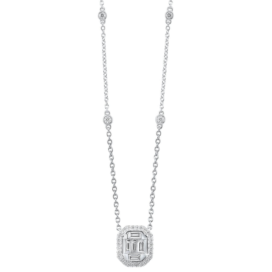 DIAMOND JEWELRY - 14K White Gold Baguette Halo Diamond Necklace