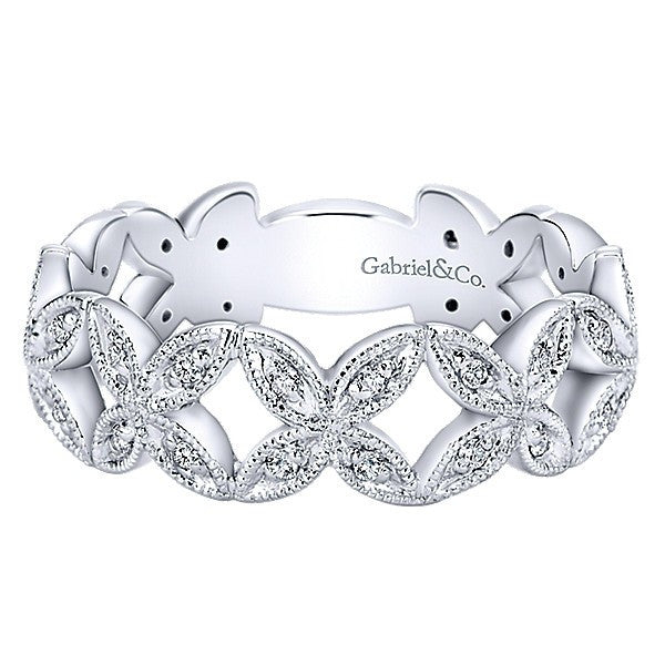 DIAMOND JEWELRY - 14K White Gold Diamond Stackable Ring With Floral Design