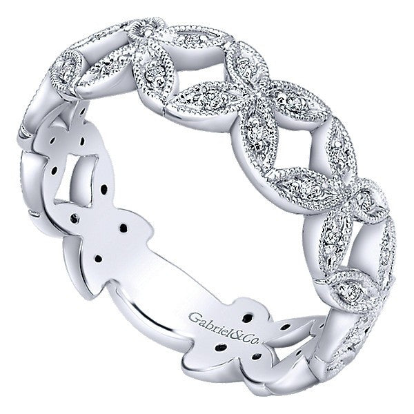 DIAMOND JEWELRY - 14K White Gold Diamond Stackable Ring With Floral Design
