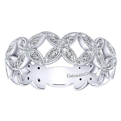 DIAMOND JEWELRY - 14K White Gold Diamond Stackable Ring With Floral Design