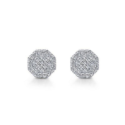DIAMOND JEWELRY - 14K White Gold Pave Diamond Cluster Octagon Shaped Stud Earrings