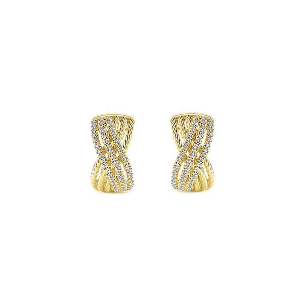 DIAMOND JEWELRY - 14K Yellow Gold Pave Diamond Crossover Huggie Earrings