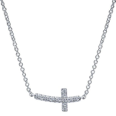 DIAMOND JEWELRY - Curved East To West Diamond Cross Necklace With Pave Set Diamonds