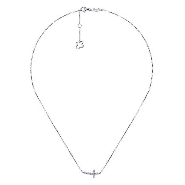 DIAMOND JEWELRY - Curved East To West Diamond Cross Necklace With Pave Set Diamonds
