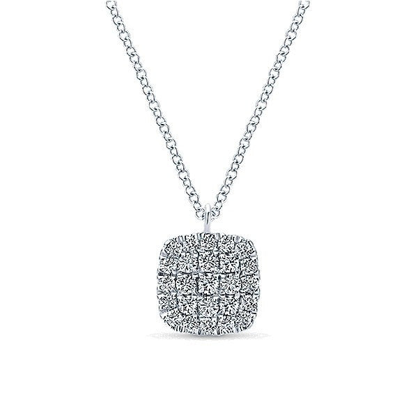 DIAMOND JEWELRY - Cushion Shaped Round Diamond Pave Cluster White Gold Necklace