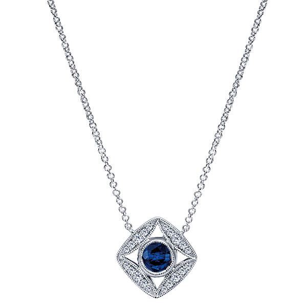 DIAMOND JEWELRY - Sapphire And Diamond Cushion Shaped Starburst Design Necklace