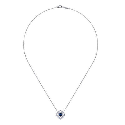 DIAMOND JEWELRY - Sapphire And Diamond Cushion Shaped Starburst Design Necklace
