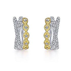 2-Tone Multi Diamond Huggie Hoop Earrings 14K Gold