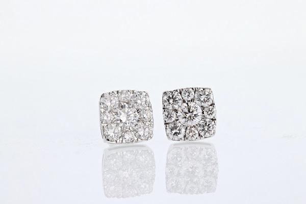 EARRINGS - 14K White Gold 1.00cttw Diamond Square Cluster Stud Earrings