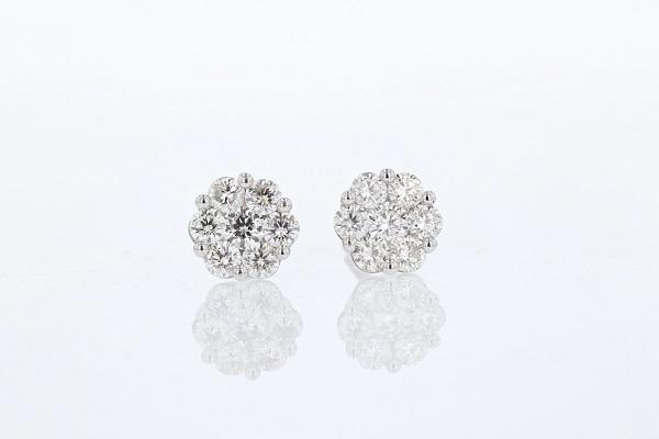 Cluster Diamond Stud Earrings  3/4 Cttw 14K White Gold