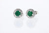 EARRINGS - 14K White Gold 3.5mm Round Emerald & Diamond Halo Stud Earrings