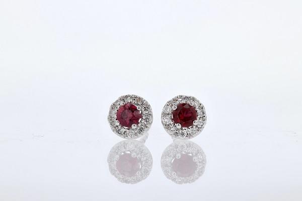 EARRINGS - 14K White Gold 3.5mm Round Ruby And Diamond Halo Stud Earrings