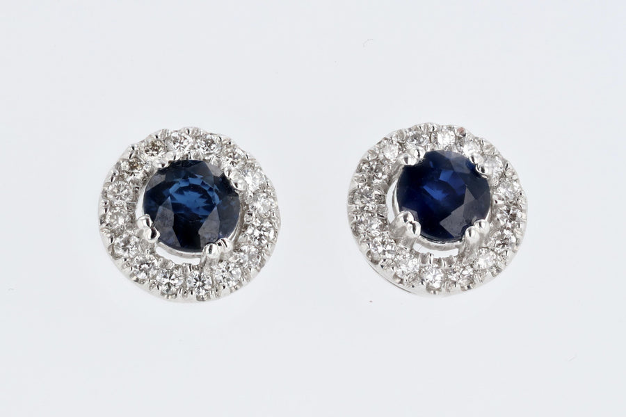EARRINGS - 14K White Gold .33cttw Diamond & Sapphire Round Halo Stud Earring