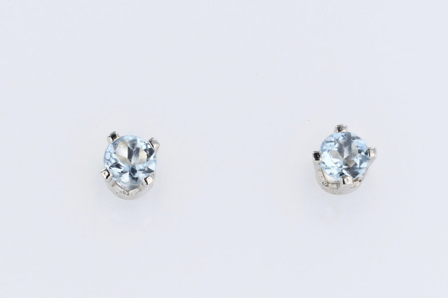 EARRINGS - 14K White Gold 3mm Round Aquamarine Stud Earrings