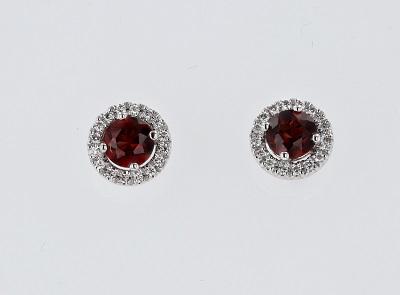 EARRINGS - 14K White Gold 5mm Round Garnet And Diamond Halo Stud Earrings