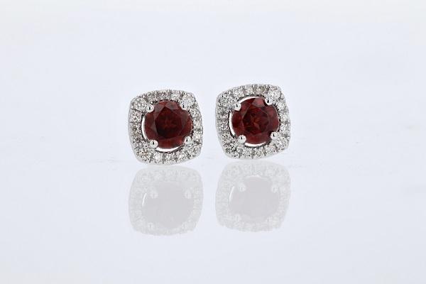 EARRINGS - 14K White Gold 5mm Round Garnet Diamond Cushion Halo Earrings