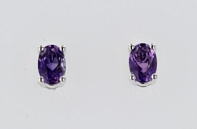 EARRINGS - 14K White Gold 6x4mm Oval Amethyst Stud Earrings