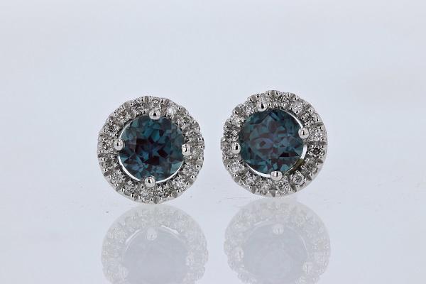 EARRINGS - 14K White Gold Created Alexandrite Diamond Halo Earrings
