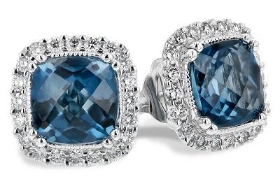 14K White Gold Cushion Cut Topaz and Diamond Halo Stud Earrings