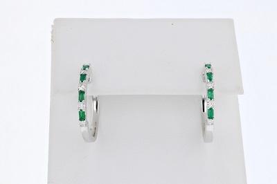 EARRINGS - 14K White Gold Emerald Baguette And Diamond Hoop Earrings