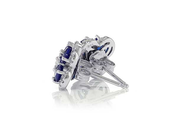 Floral Cluster Oval Sapphire Diamond Earrings 14K White Gold