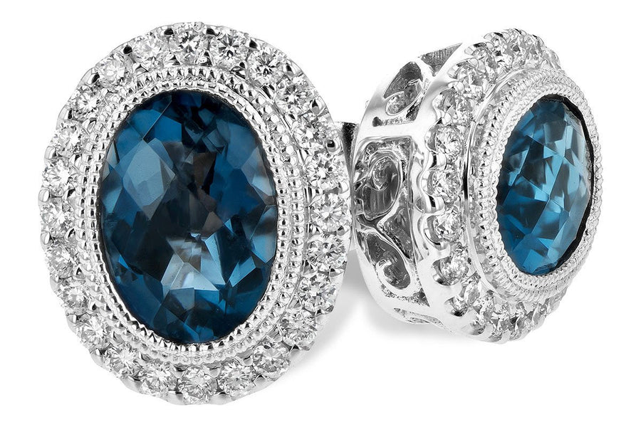 EARRINGS - 14K White Gold Oval London Blue Topaz And Diamond Halo Earrings