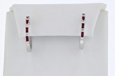 EARRINGS - 14K White Gold Ruby Baguette And Diamond Hoop Earrings