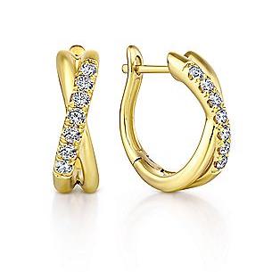 Crossover Diamond Huggie Hoop Earrings 1/5 Cttw 14K Gold