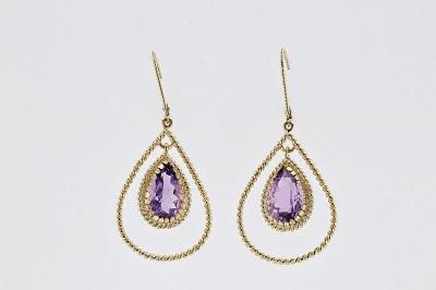 EARRINGS - 14K Yellow Gold 12x8mm Pear Shaped Amethyst Drop Earrings