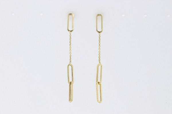 Long Thin Dangle Paper Clip Earrings 14K Yellow Gold