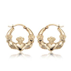 EARRINGS - 14K Yellow Gold Medium Claddagh Hoop Earrings