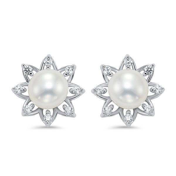 EARRINGS - Sterling Silver 9mm Button Pearl And CZ Flower Stud Earrings