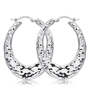EARRINGS - Sterling Silver Medium Hammered Flat Oval Hoops
