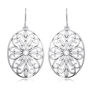 EARRINGS - Sterling Silver Oval Floral Center Drop Earrings