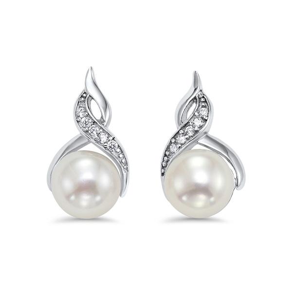 EARRINGS - Sterling Silver Pearl And CZ Crossover Drop Earrings